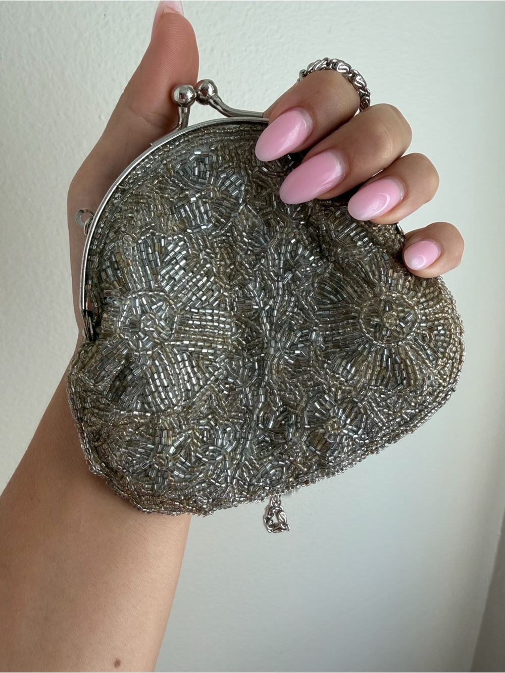 Cache Silver Beaded Kiss-Lock Evening Clutch with Chain